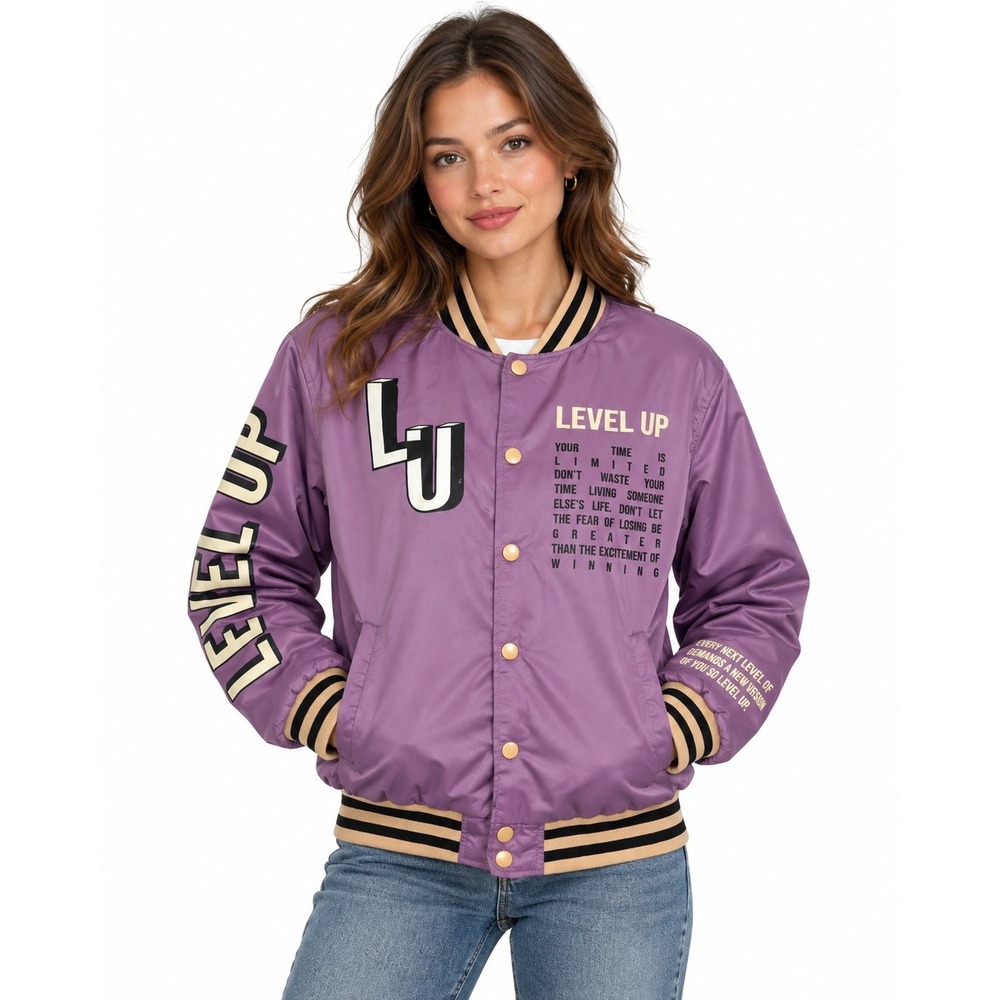 Rue21 Level Up Varsity Bomber Jacket Purple Satin Graphic Snap Front | Small